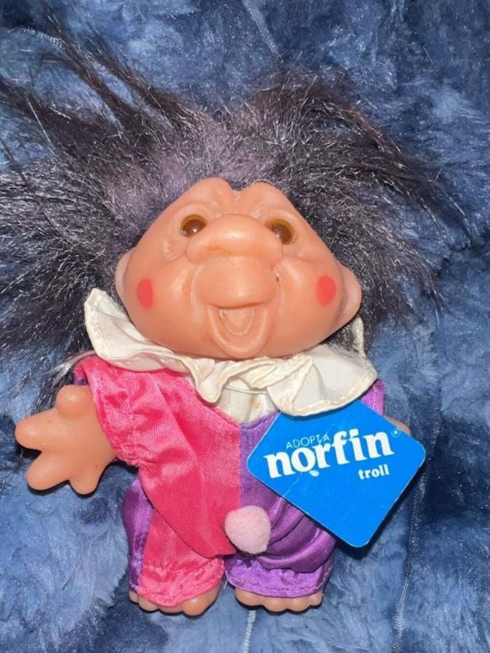 Vintage Norfin Troll Doll with Black Hair and Pink/Purple Clown Jester Outfit